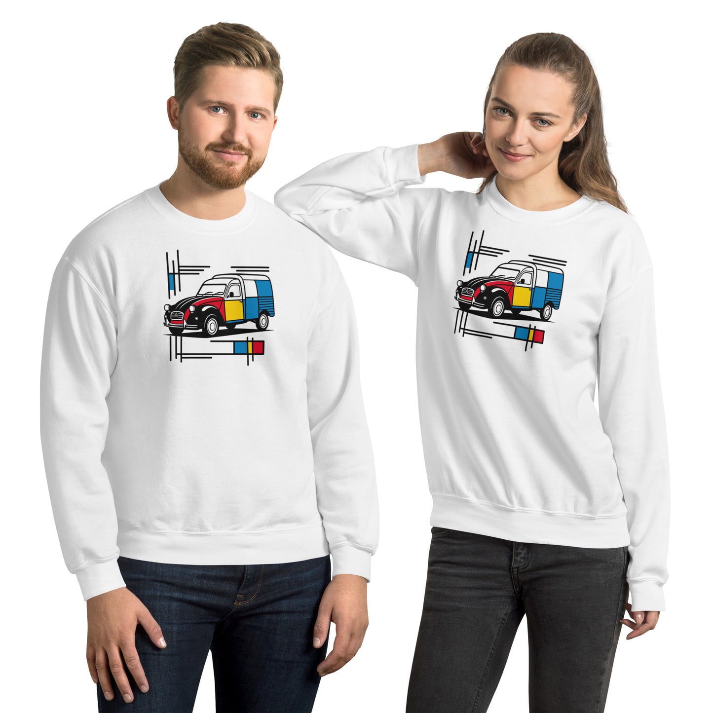 Mondrian Sweatshirt – Citroën 2CV Fourgonnette | Warm unisex design with artistic flair