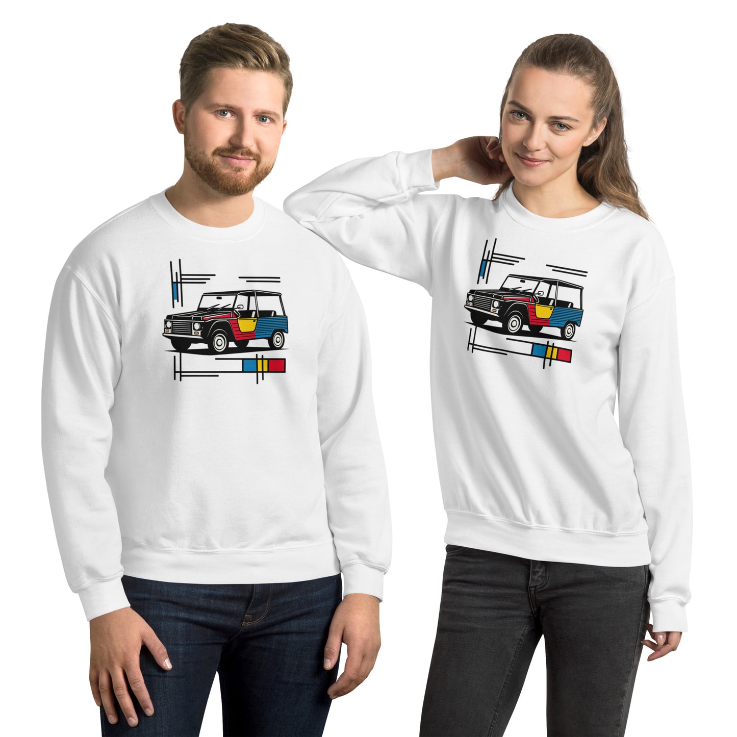 Mondriaan Sweatshirt – Citroën Méhari | Warm, Speels & Tijdloos Design