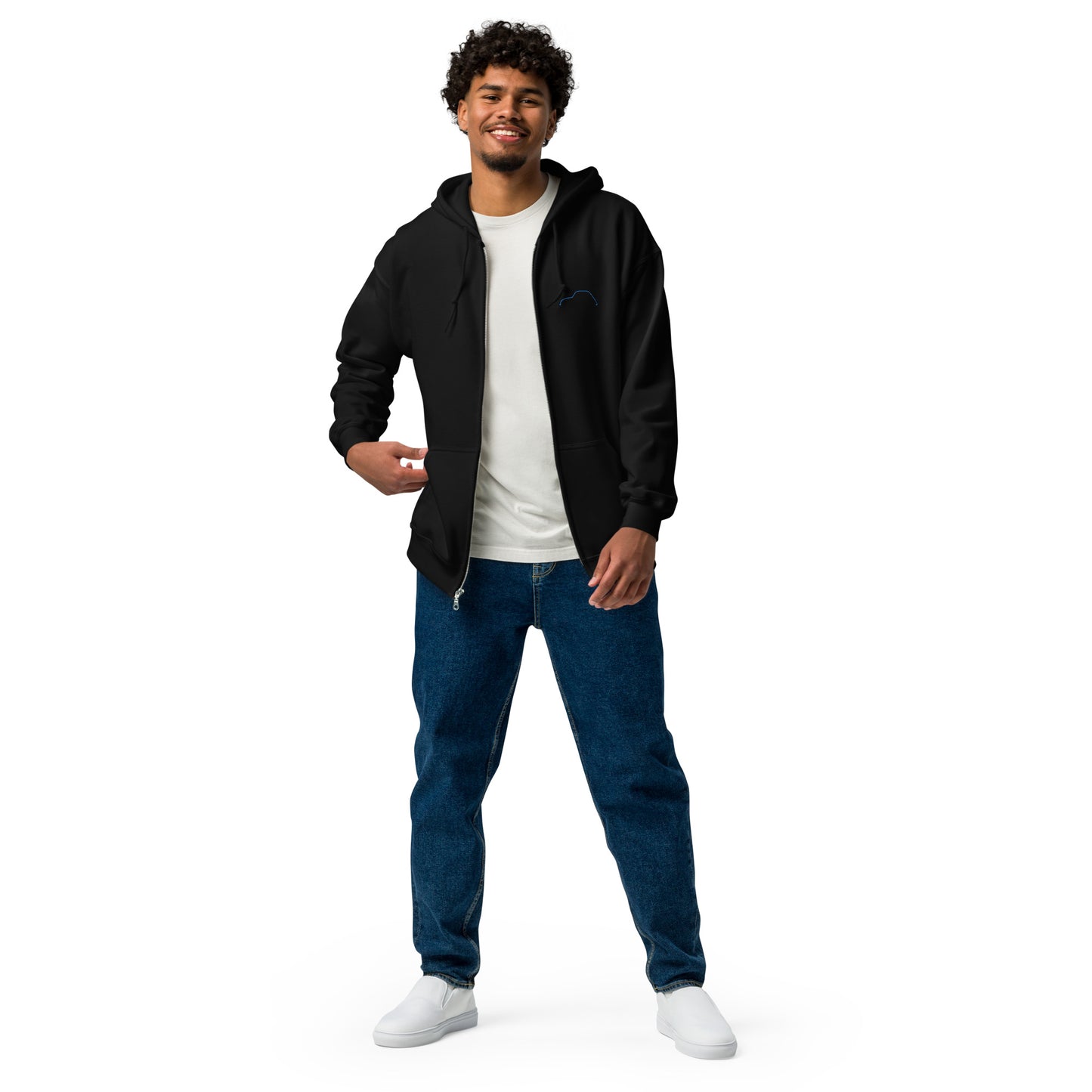 Silhouette Collectie – Citroën Dyane Lijnkunst Unisex Zip Hoodie | Minimalistisch Blauw Geborduurd Design