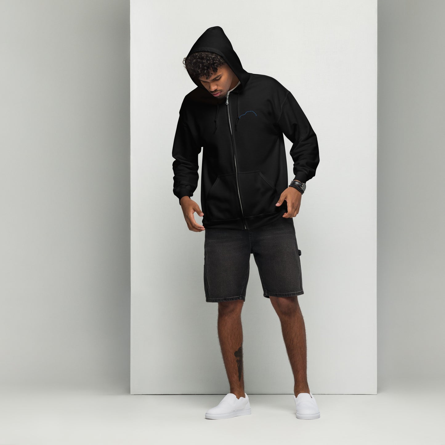 Silhouette Collectie – Citroën Dyane Lijnkunst Unisex Zip Hoodie | Minimalistisch Blauw Geborduurd Design