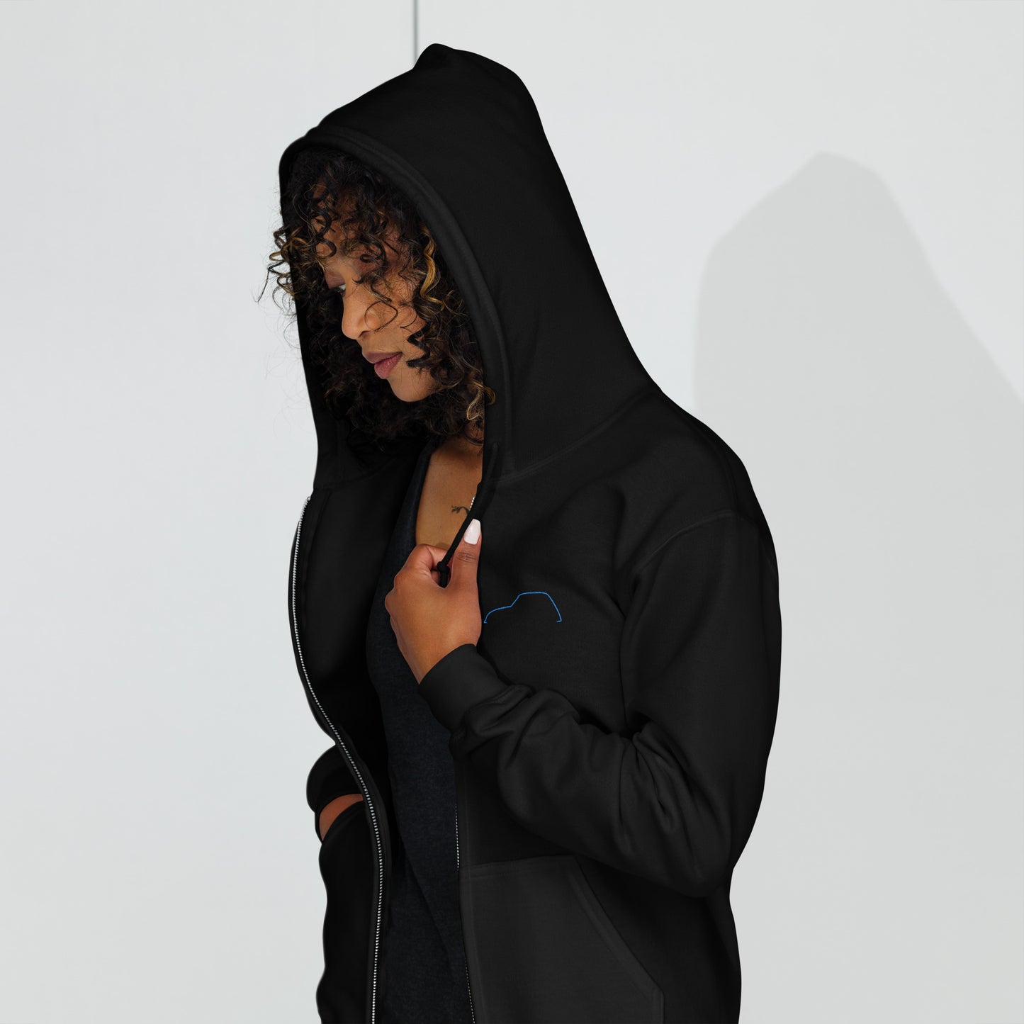 Silhouette Collectie – Citroën Dyane Lijnkunst Unisex Zip Hoodie | Minimalistisch Blauw Geborduurd Design
