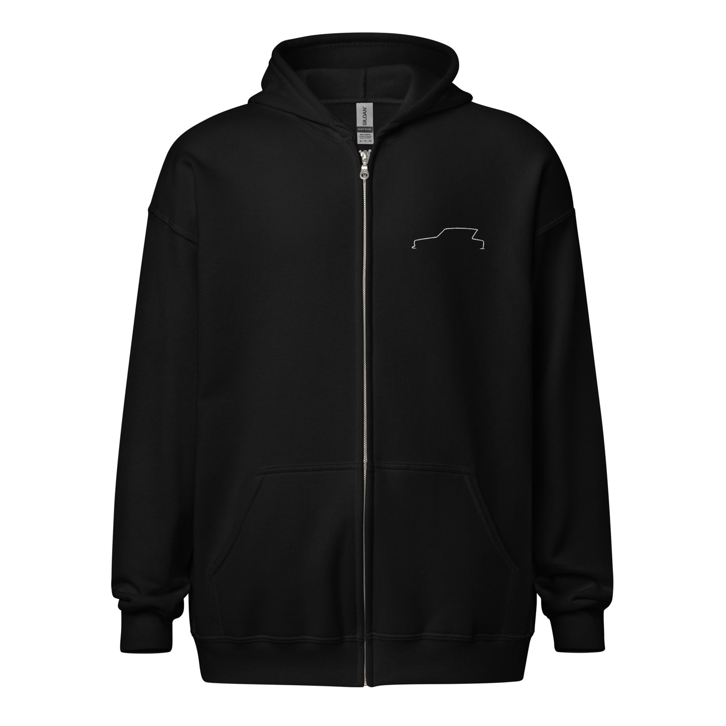 Silhouette Collectie – Citroën Ami 6 Lijnkunst Unisex Zip Hoodie | Minimalistisch Wit Geborduurd Design