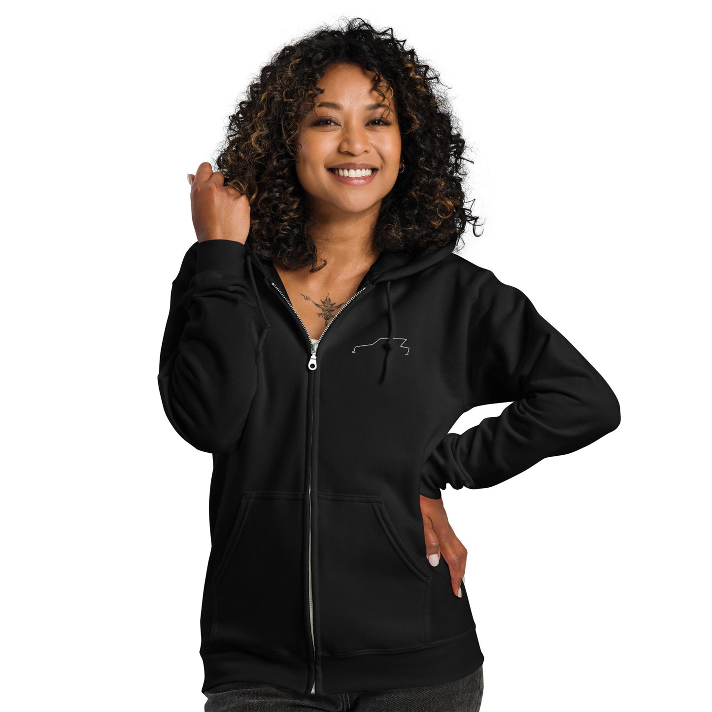 Silhouette Collectie – Citroën Ami 6 Lijnkunst Unisex Zip Hoodie | Minimalistisch Wit Geborduurd Design