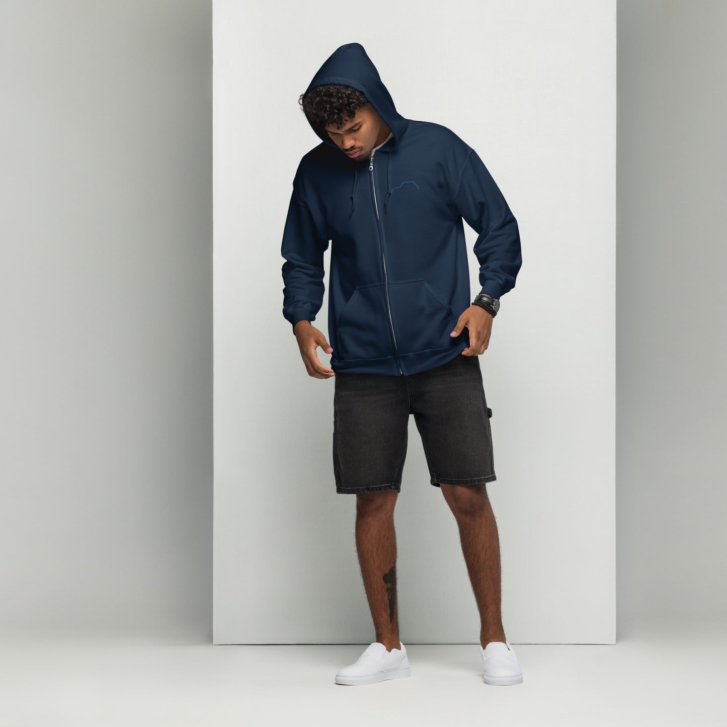 Silhouette Collectie – Citroën Dyane Lijnkunst Unisex Zip Hoodie | Minimalistisch Blauw Geborduurd Design