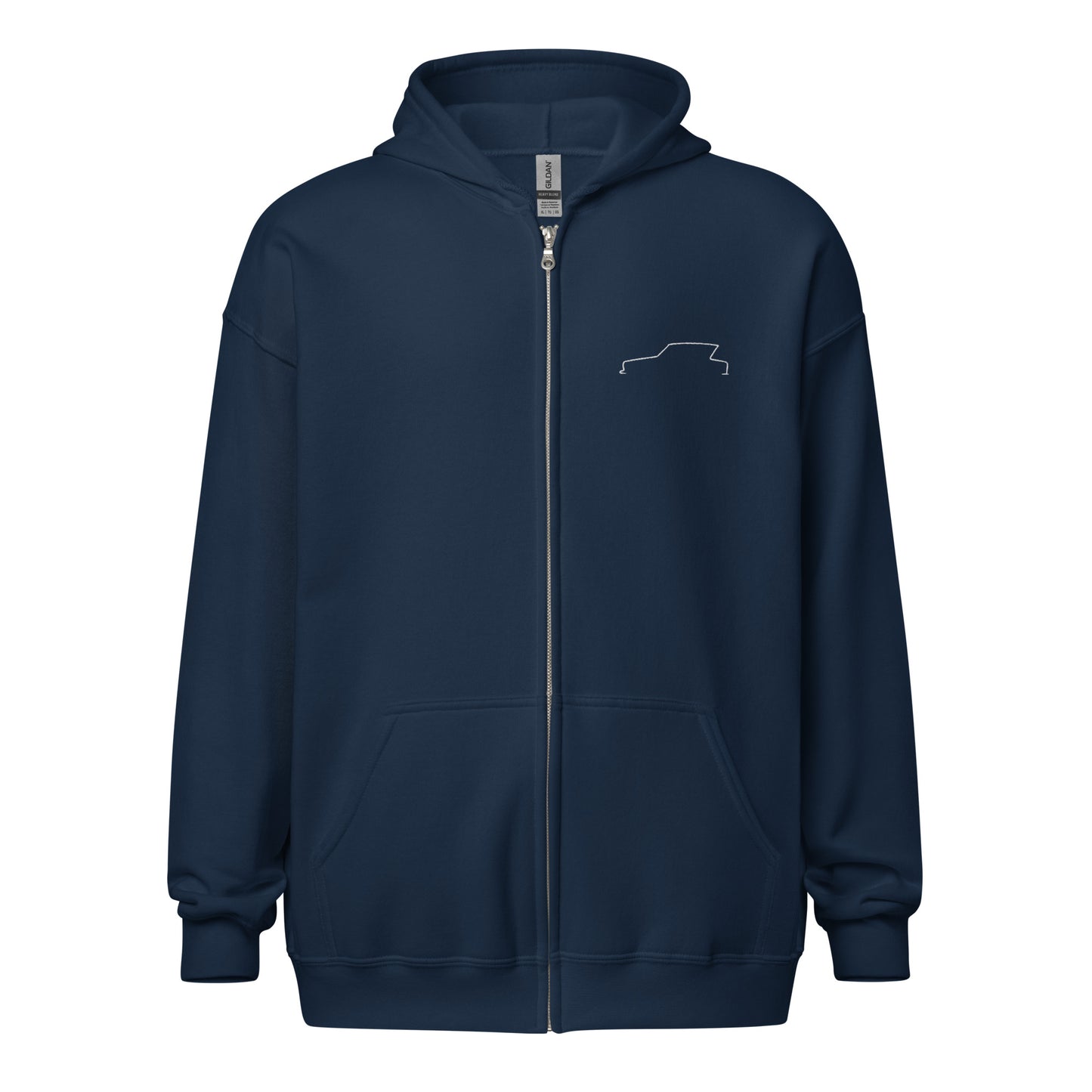 Silhouette Collectie – Citroën Ami 6 Lijnkunst Unisex Zip Hoodie | Minimalistisch Wit Geborduurd Design