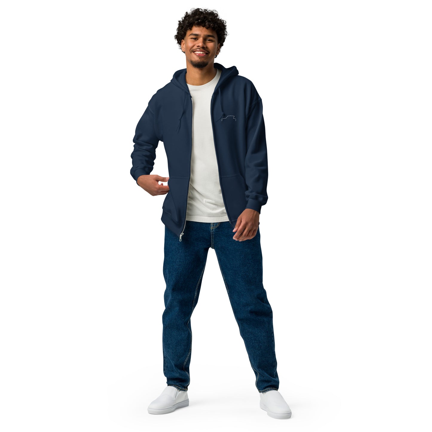 Silhouette Collectie – Citroën Ami 6 Lijnkunst Unisex Zip Hoodie | Minimalistisch Wit Geborduurd Design
