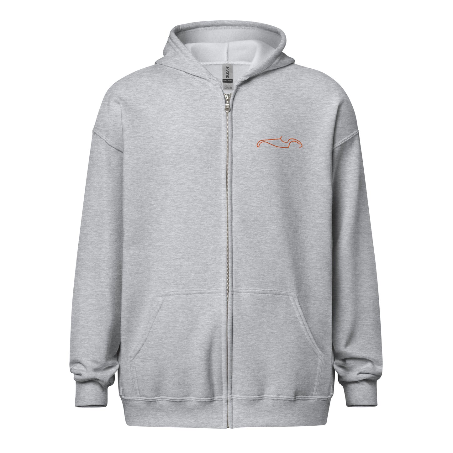 Silhouette Collectie – Burton Sportscar Lijnkunst Unisex Zip Hoodie | Minimalistisch Oranje Geborduurd Design