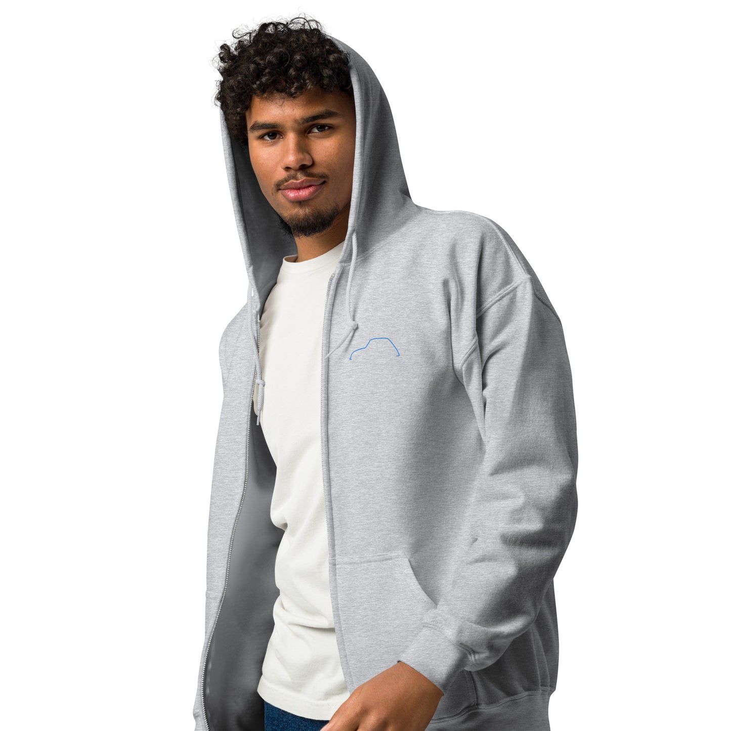 Silhouette Collectie – Citroën Dyane Lijnkunst Unisex Zip Hoodie | Minimalistisch Blauw Geborduurd Design