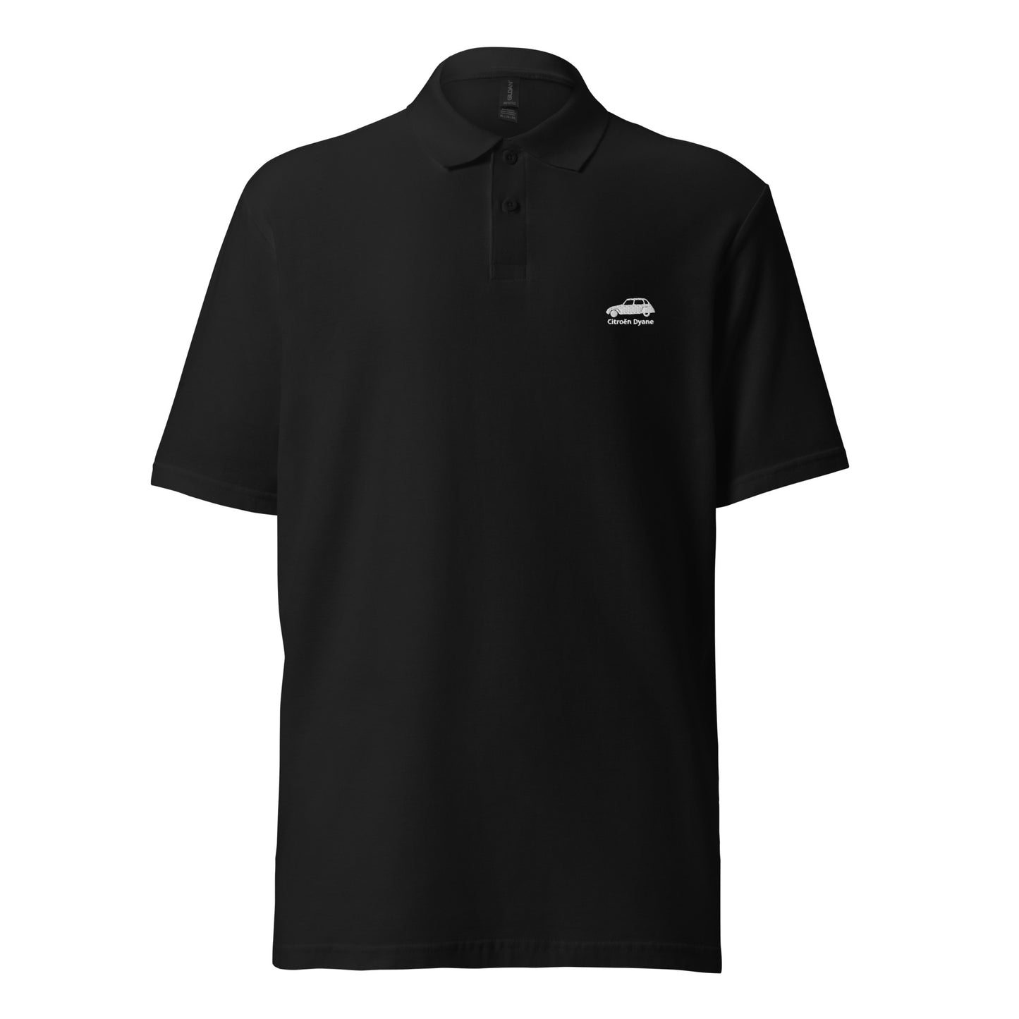 White embroidered Citroën Dyane polo available in Black, Navy, Gray or White