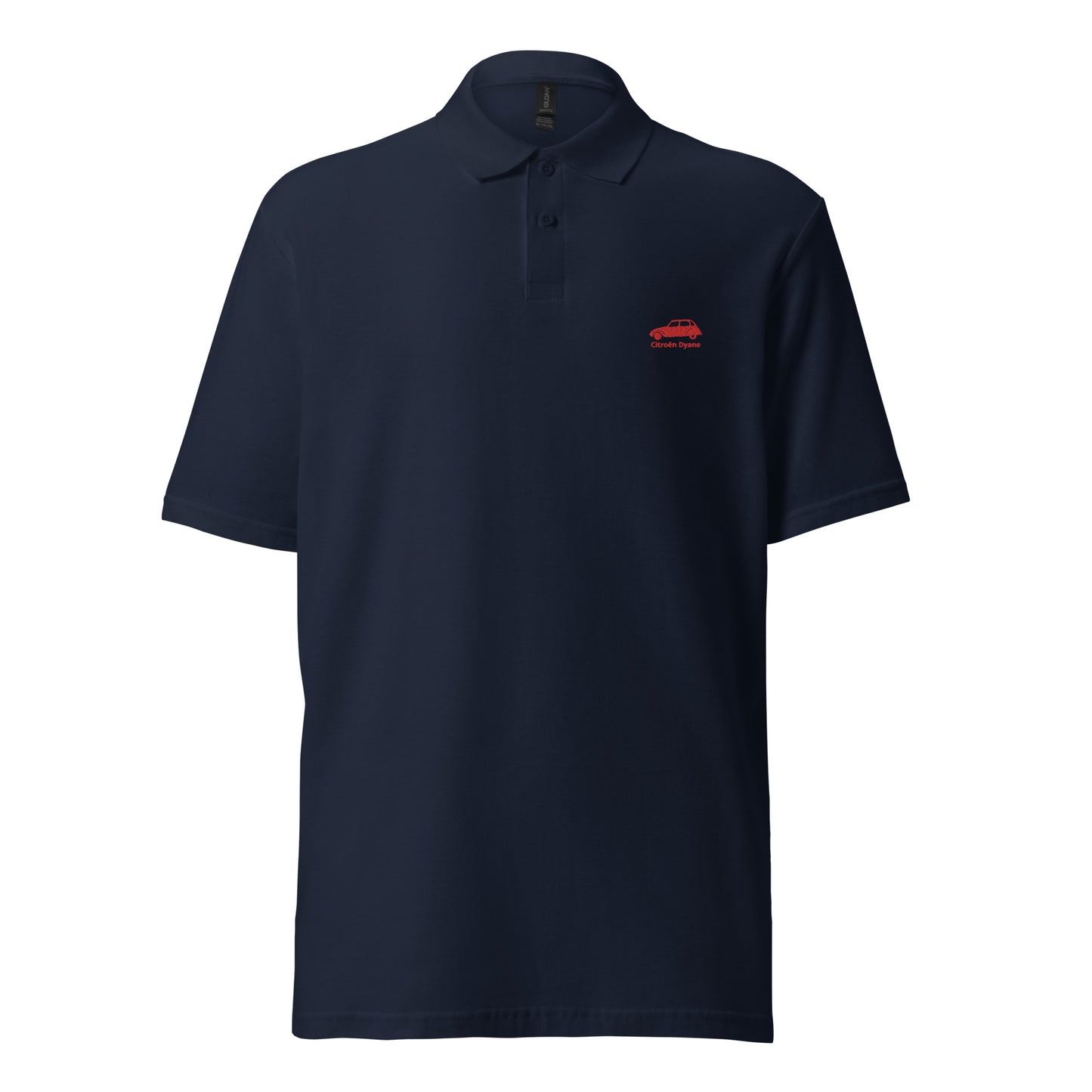 Red embroidered Citroën Dyane polo available in Black, Navy, Gray or White Regular price