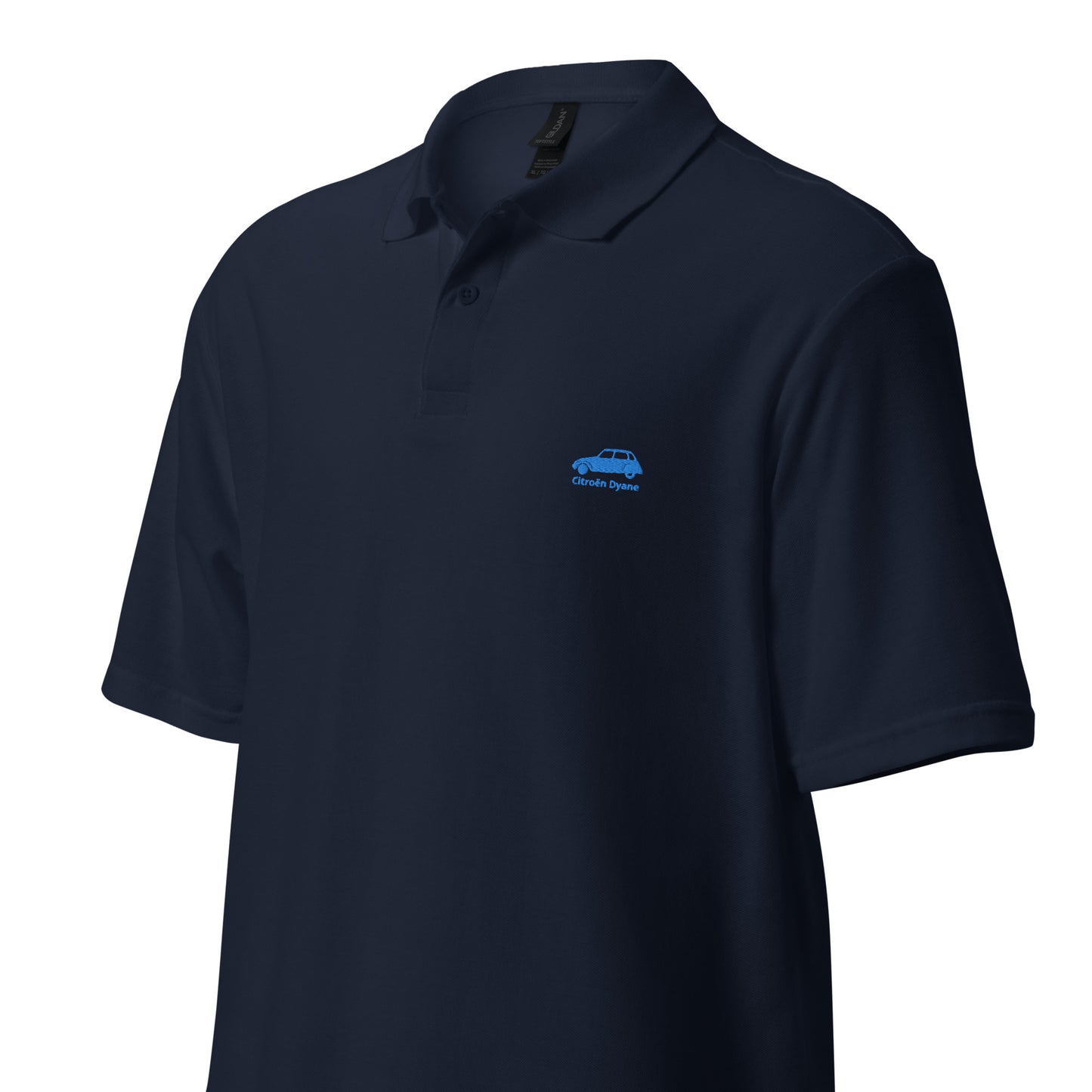 Blue embroidered Citroën Dyane polo available in Black, Navy, Gray or White