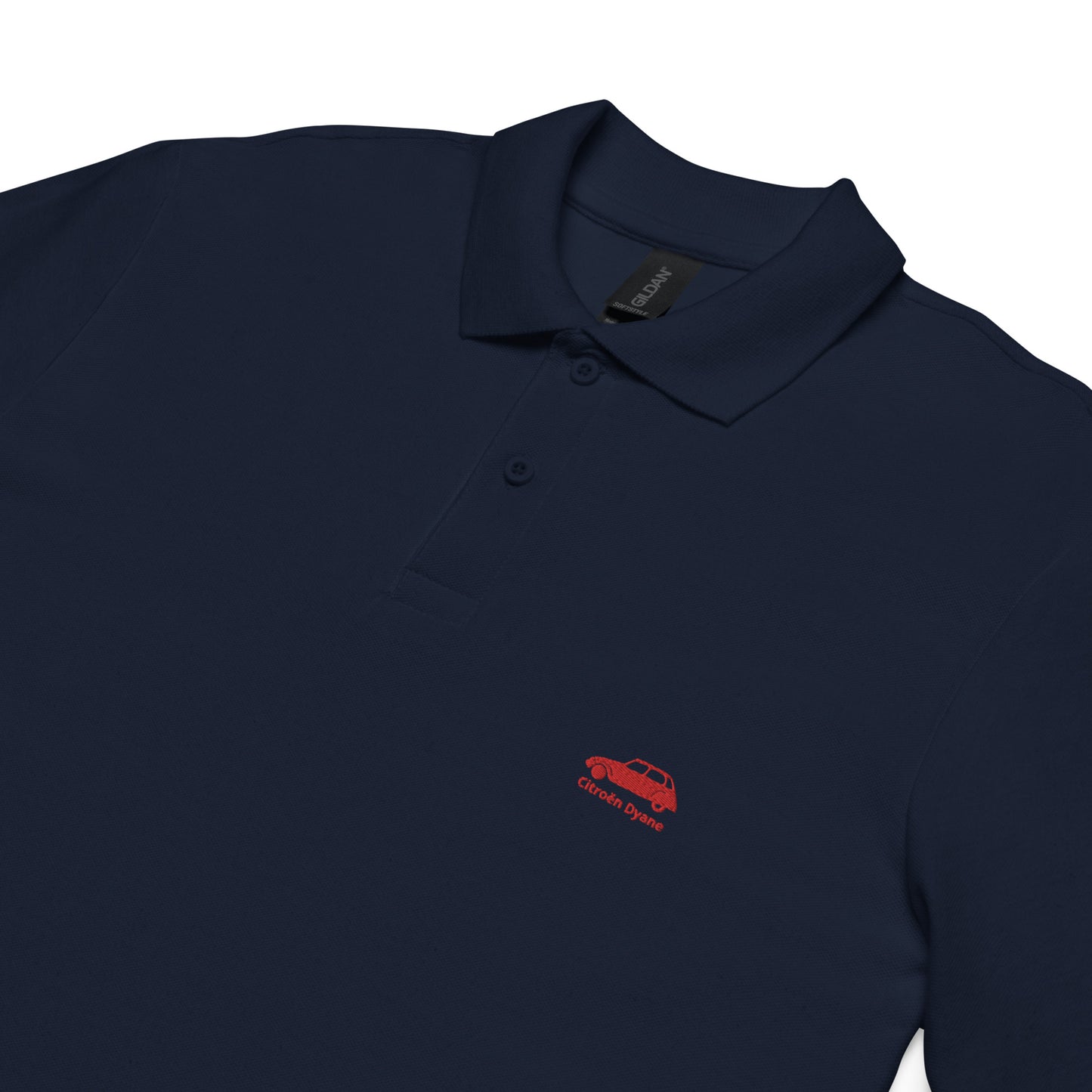 Red embroidered Citroën Dyane polo available in Black, Navy, Gray or White Regular price