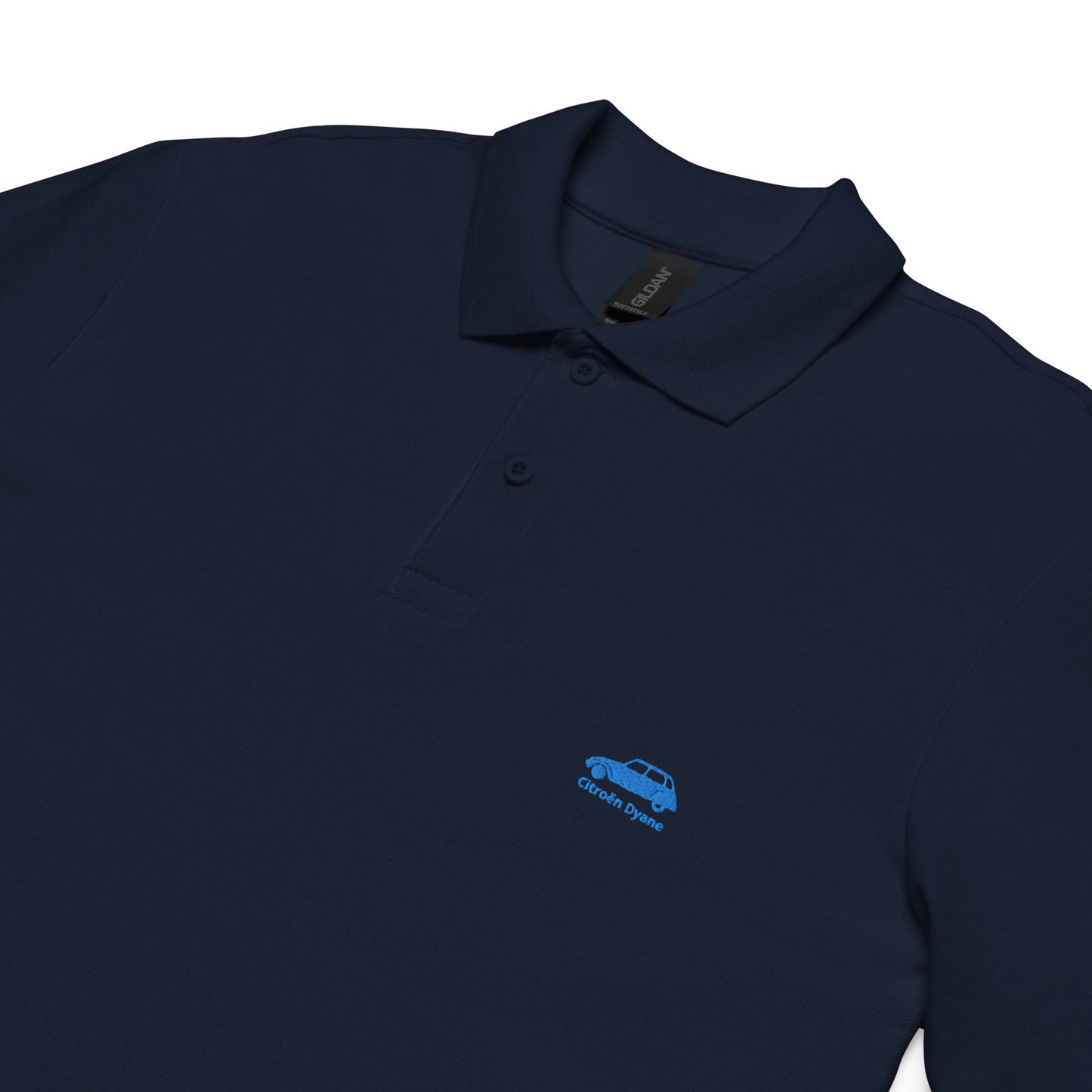 Blue embroidered Citroën Dyane polo available in Black, Navy, Gray or White