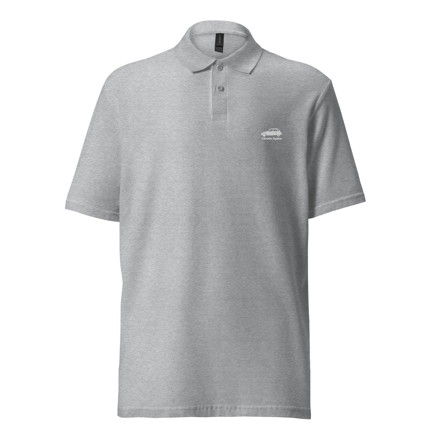 White embroidered Citroën Dyane polo available in Black, Navy, Gray or White