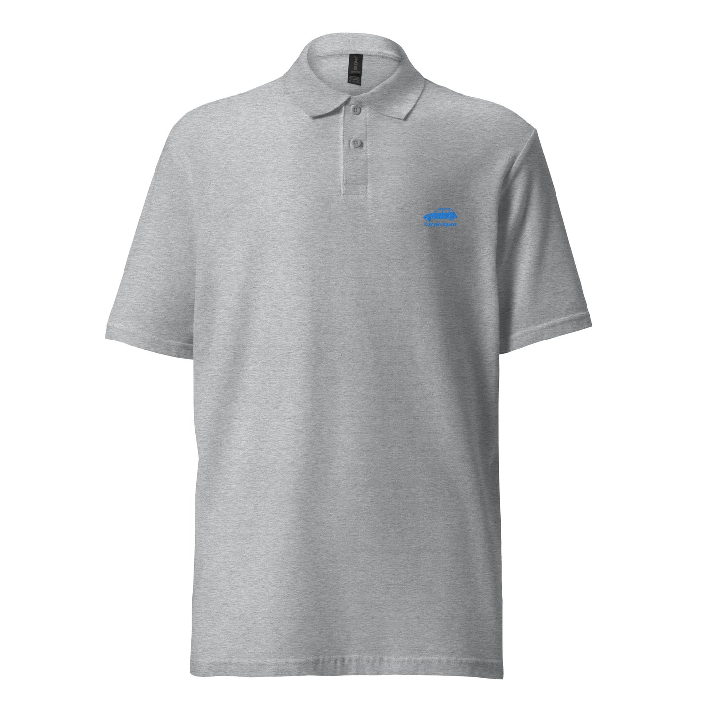 Blue embroidered Citroën Dyane polo available in Black, Navy, Gray or White