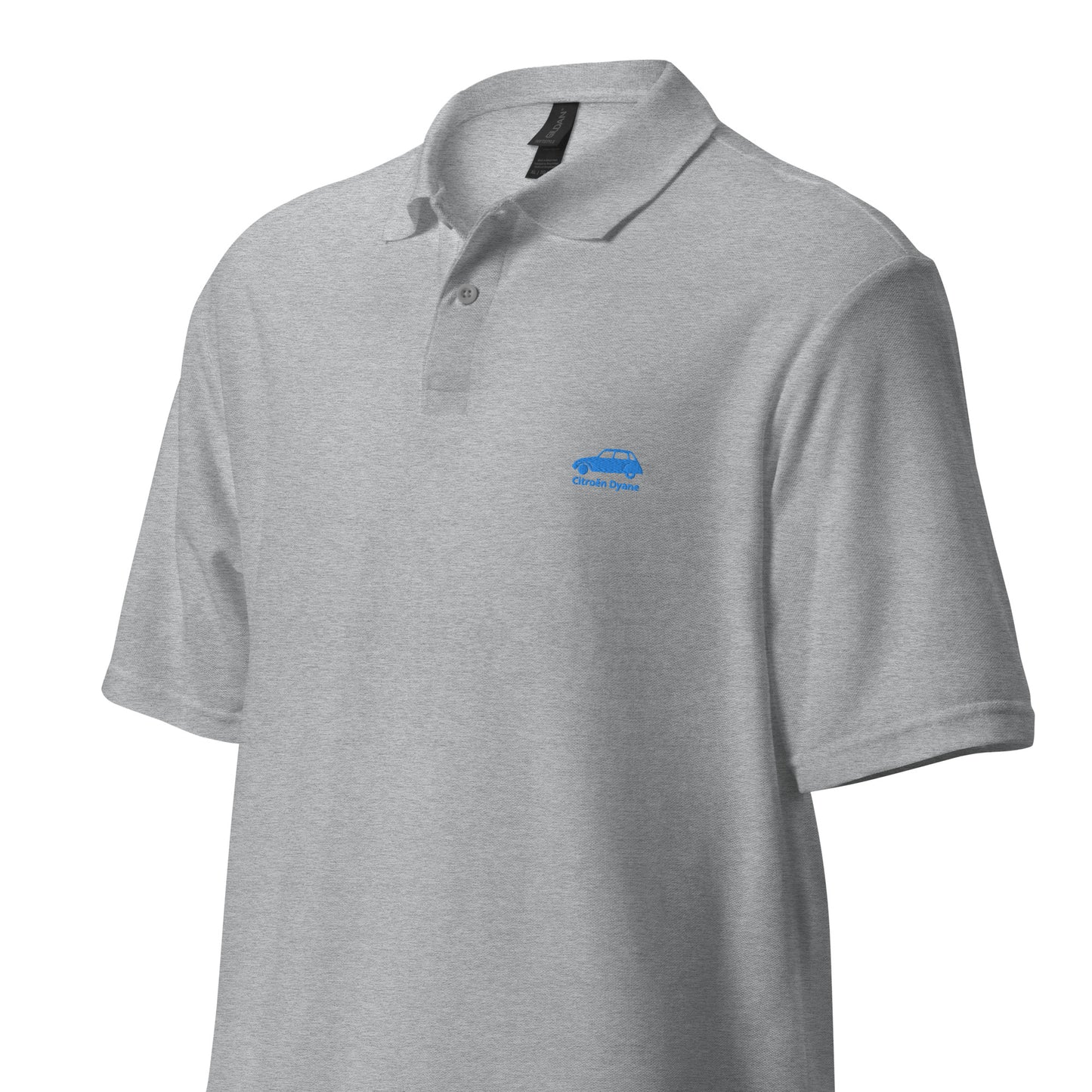 Blue embroidered Citroën Dyane polo available in Black, Navy, Gray or White