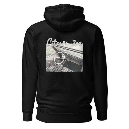 Vintage style hoodie with an interior print on the BACK available in Black, Navy, Gray or White