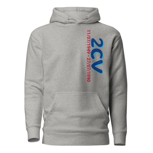 Hoodie met de productieperiode van de Citroën 2cv verkrijgbaar in Zwart, Navy, Grijs of Wit