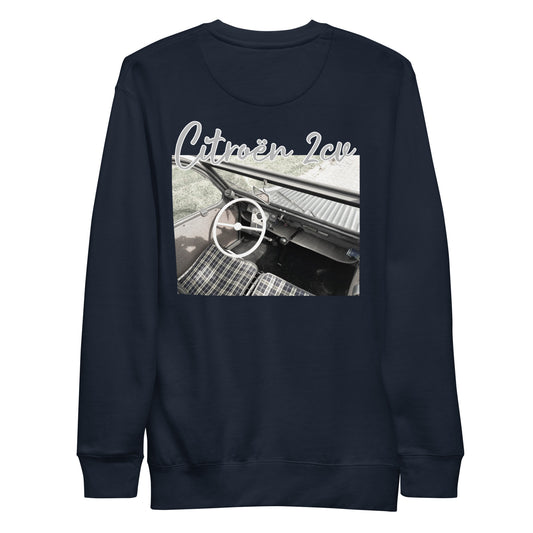 Vintage style sweatshirt met een interieurprint op de ACHTERKANT verkrijgbaar in Zwart, Navy, Grijs of Wit