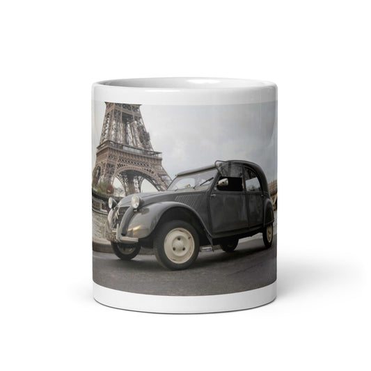 1954 2cv with Eiffel Tower in the background mug available in different sizes