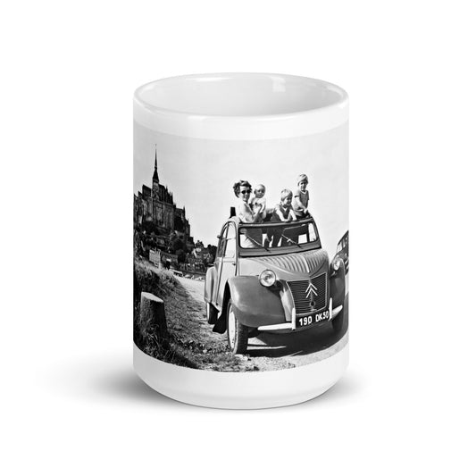 Mont Saint Michel with Citroën 2cv White glossy mug available in different sizes